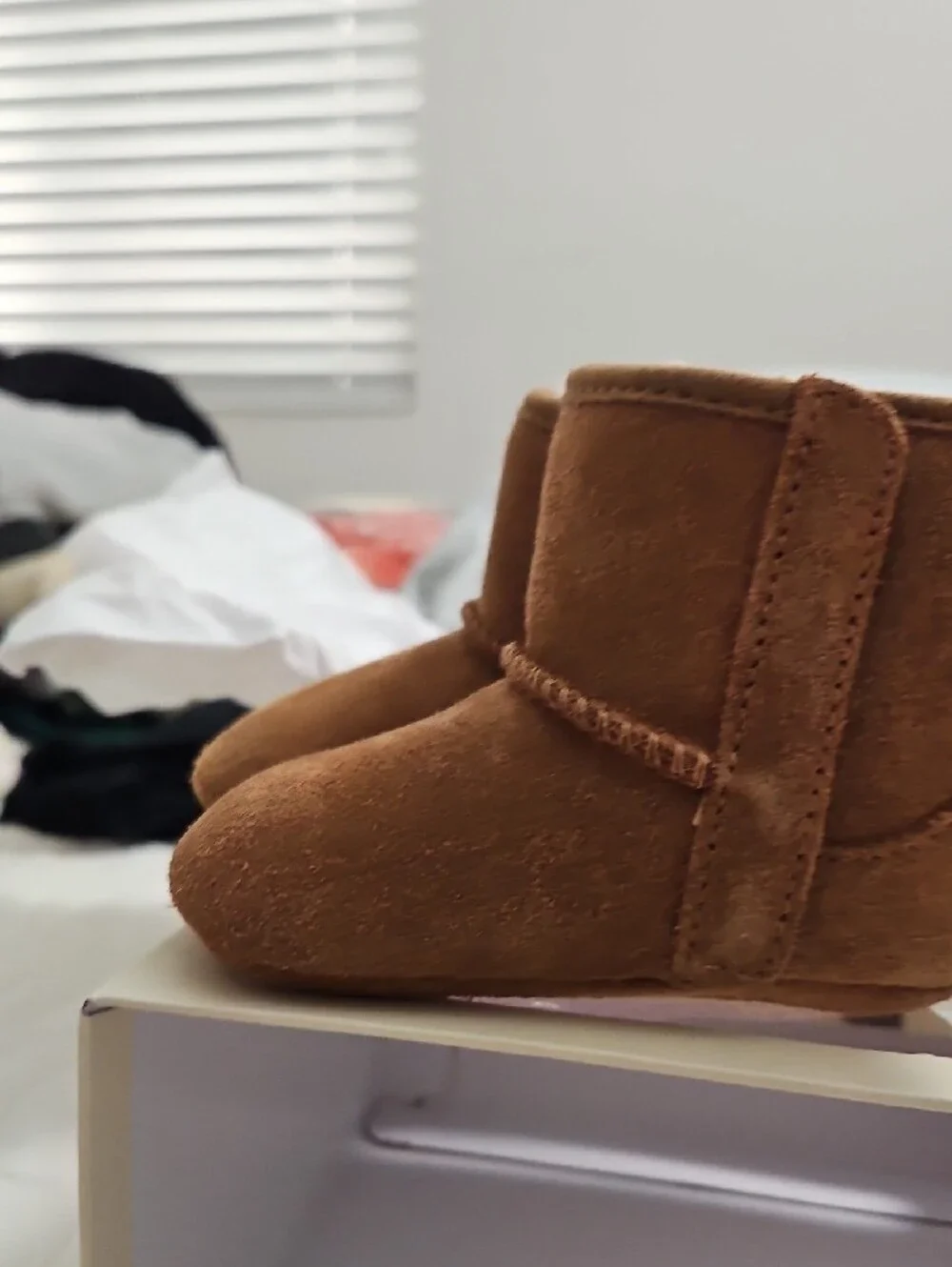 UGG Chestnut Suede Baby Booties with Pink Bows